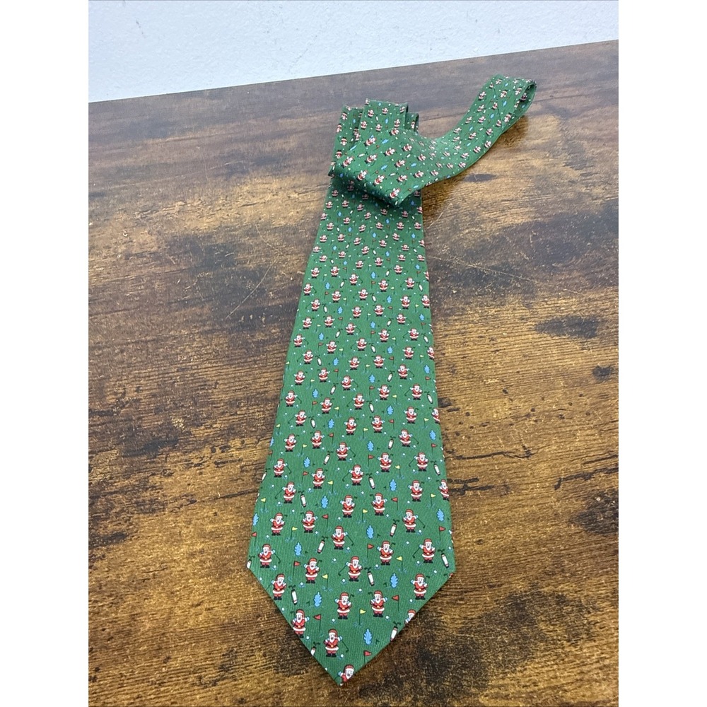 Ferragamo Holiday Santa Golfing Christmas Silk Tie Green Made in Italy 3x58 NEW